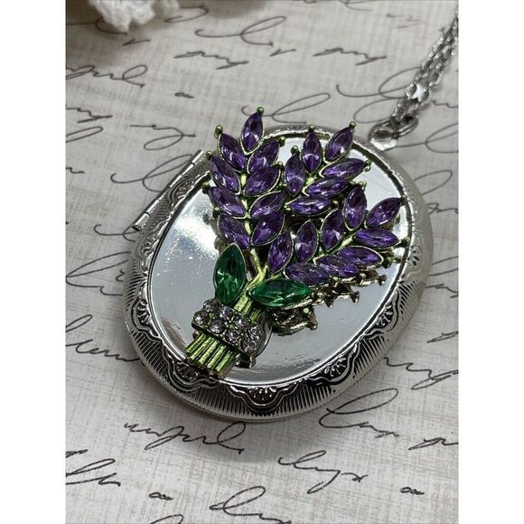 Lavender rhinestone SILV Photo Locket Keepsake Anniversary Valentine's Gift wife - Picture 8 of 16